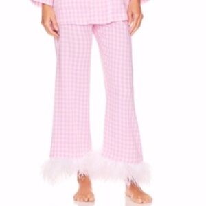 Sleeper Feather-Trimmed gingham crepe de chine pajama bottoms